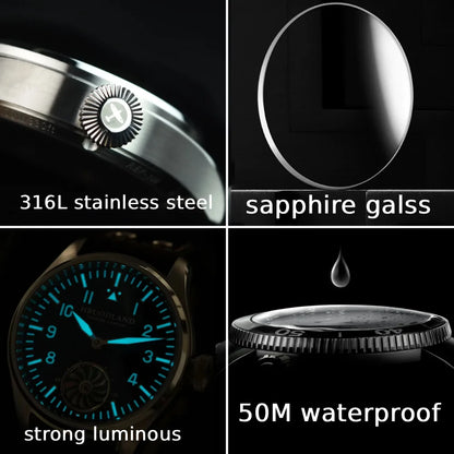 Hruodland Pilot St3620 Retro Men's Manual Mechanical Watch Luxury Sapphire Bgw-9 Night Light Turbine Waterproof 5Bar