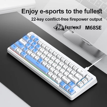 FREEWOLF M68SE tastiera mini cablata a 68 tasti, retroilluminazione RGB, Type-C, layout 68%, compatta, per gaming, ufficio, PC e laptop