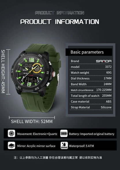 SANDA Fashion Luxury Men's Watches Dual Digital Display Sport Analog Quartz Man Wristwatch Casual Waterproof Silica Chronograph