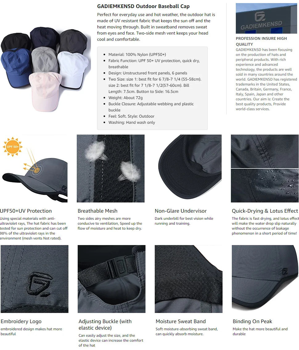 GADIEMKENSD Lightweight Breathable Outdoor Cap UPF 50+ Sunscreen Fashion Sun Hats for Men And Women Outdoor Sports