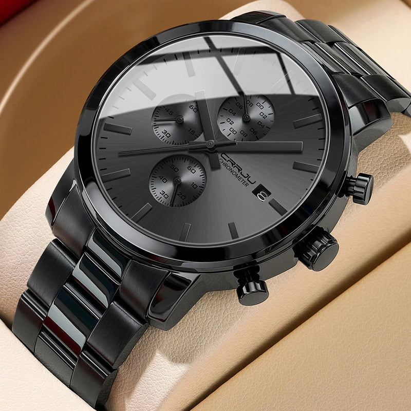 Montre pour homme CRRJU – Chronographe en acier inoxydable, étanche, avec affichage de la date, mouvement à quartz analogique, style élégant et professionnel