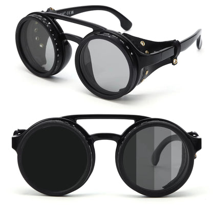 Adjustable 9-Gear ND Filter Steampunk Sunglasses UV400 Round Retro Punk Sun Glasses with Side Shields Leather Patch for Men Wome