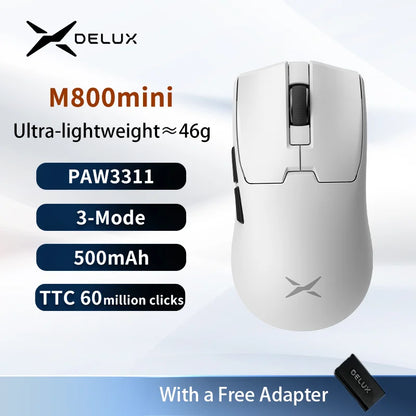 Delux M800mini trådlös gamingmus, 46g lätt, PAW3395/PAW3311, 1KHz polling rate för PC-gamers med små till medelstora händer