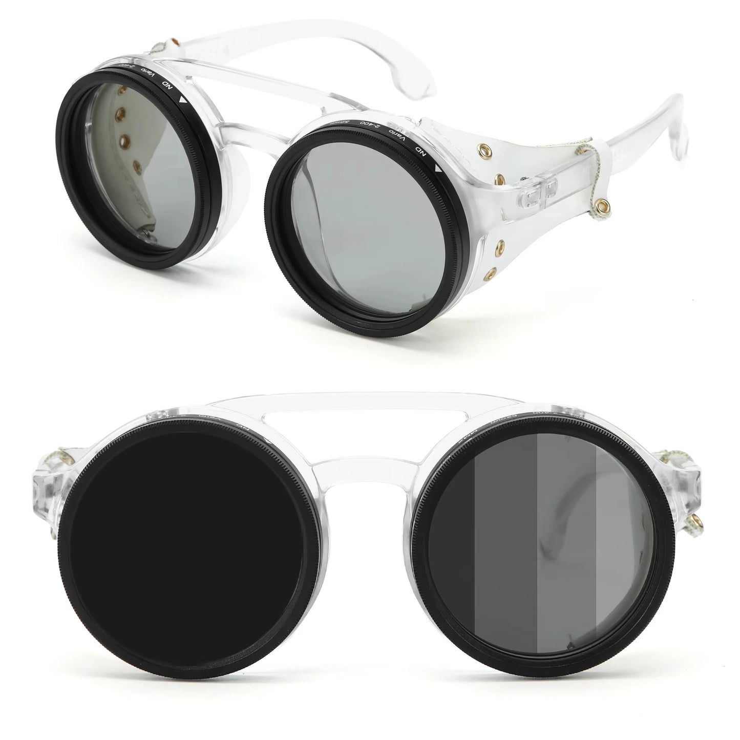 Adjustable 9-Gear ND Filter Steampunk Sunglasses UV400 Round Retro Punk Sun Glasses with Side Shields Leather Patch for Men Wome