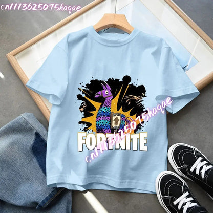 Camiseta azul de algodón para niños Fortress Night, manga corta, diseño kawaii de dibujos animados para niño y niña, ropa de verano, regalo