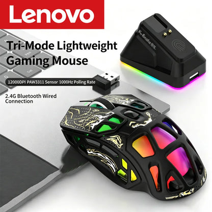 Lenovo Tri-Mode Gaming Mouse Wireless with RGB Charging Dock, 12000DPI Ergonomic Rechargeable Mouse, Bluetooth 2.4G USB Mouse for PC Laptop