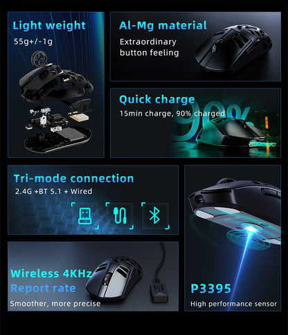 Mouse da gaming wireless DAREU Al-mg Tri-mode 8Khz PBT con ricarica rapida, PAW3950, 30000 DPI, leggero, per PC gamer