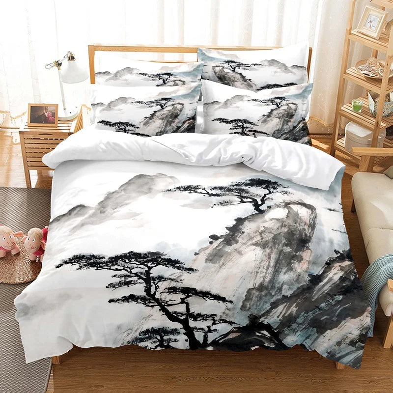 Conjunto de capa de edredão com pintura de bambu, conjunto de roupa de cama em estilo chinês, linho juvenil, tamanho Queen, conjunto de capa de edredão, conjunto de roupa de cama moderno