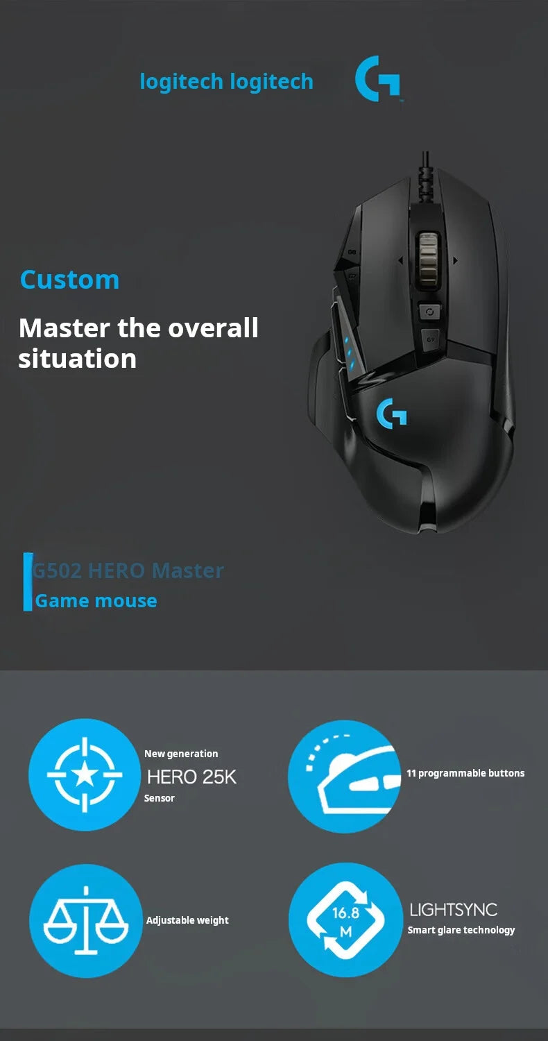 Mouse gaming cablato Logitech G502 HERO per e-sport, mouse meccanico con luce RGB, peso regolabile e macro programmabili per “Chicken Dinner”