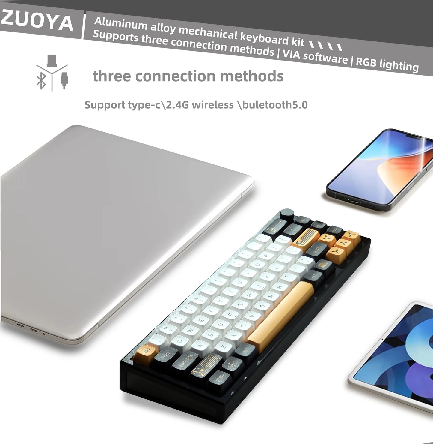 ZUOYA LMK66 3 Mode Mechanical Keyboard Kit Aluminum Wireless Gaming Keyboard 60% Bluetooth 2.4G RGB Hotswap Gasket Structure