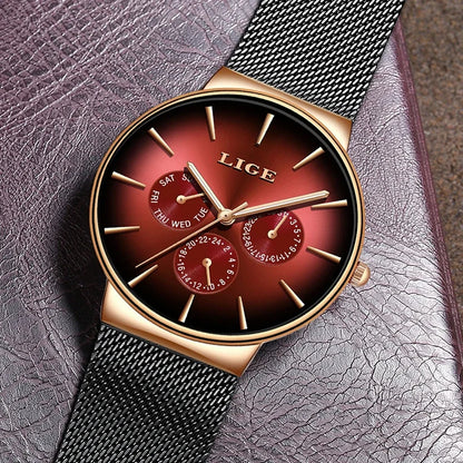 Relógio feminino LIGE, elegante e moderno – Estilo desportivo e descontraído, bracelete em malha, movimento de quartzo, indicação da data e do dia, resistente à água.