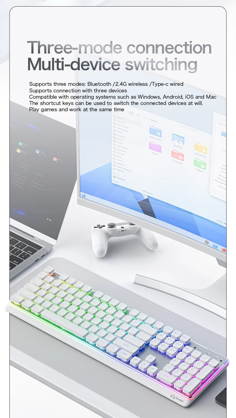 Freewolf M104 Tri-Mode Wireless Keyboard RGB 104 Keys Ultra Slim Quiet Membrane 4000mAh Large Battery for Office & Home