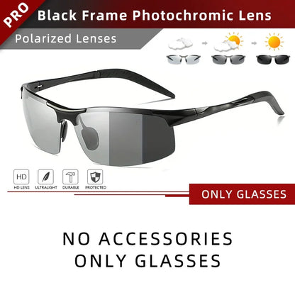 CLLOIO Aluminum Rimless Photochromic Sunglasses Men Polarized Driving Chameleon Anti-Glare Glasses Travel Fishing Goggle UV400