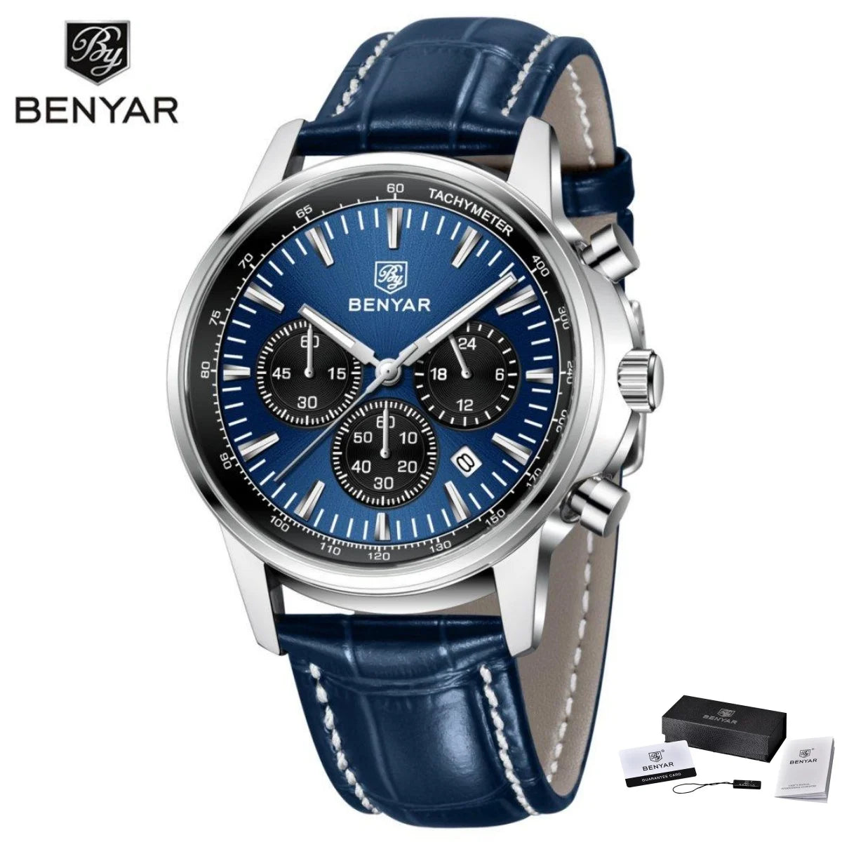 Benyar Luxus-Herrenuhr – Chronograph mit Datumsanzeige, Lederarmband, wasserdicht, leuchtend, sportlicher und militärischer Stil, Quarzuhr