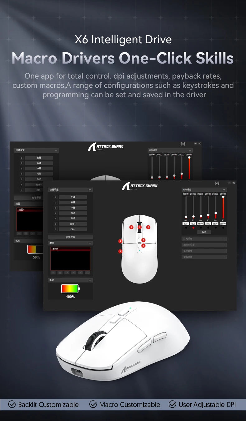 ATTACK SHARK X6 Tri-Mode Gaming Mouse with Magnetic Charging Dock, PixArt PAW3395 Sensor, 26K DPI, 49g Ultralight Wireless Gaming Mouse for PC & Mac