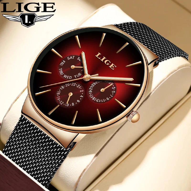Relógio feminino LIGE, elegante e moderno – Estilo desportivo e descontraído, bracelete em malha, movimento de quartzo, indicação da data e do dia, resistente à água.