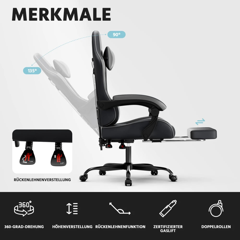 Ergonomic Gaming Chair with Lumbar Support, Breathable PU Leather Gaming Chair, Reclining Computer Gaming Chair with Footrest & Adjustable Height