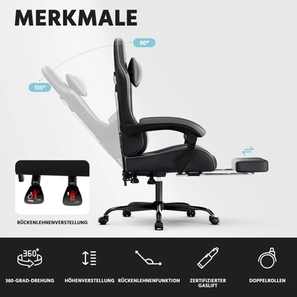 Ergonomic Gaming Chair with Lumbar Support, Breathable PU Leather Gaming Chair, Reclining Computer Gaming Chair with Footrest & Adjustable Height