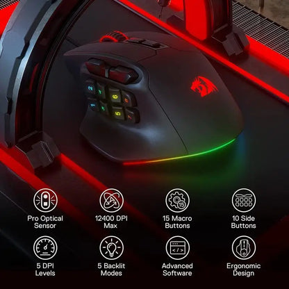 Redragon M811 Aatrox MMO žaidimų pelė, 15 programuojamų mygtukų, laidinė RGB žaidėjų pelė su ergonomiška natūralaus suėmimo konstrukcija