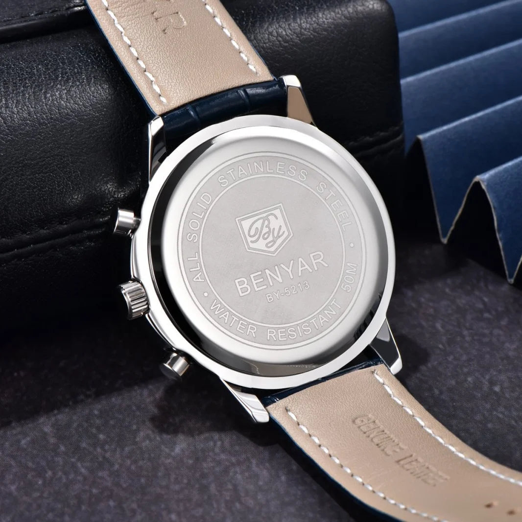Benyar Luxus-Herrenuhr – Chronograph mit Datumsanzeige, Lederarmband, wasserdicht, leuchtend, sportlicher und militärischer Stil, Quarzuhr