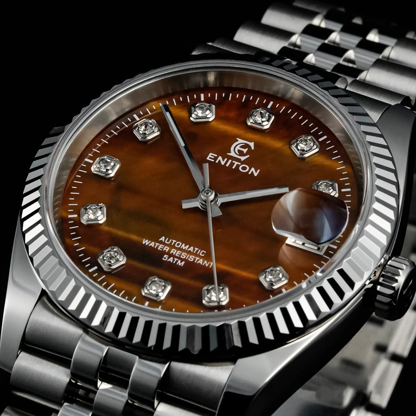 Eniton 36mm Men's Mechanical Watch Stainless Steel Peacock Stone Tiger Eye Dial NH35 Movement