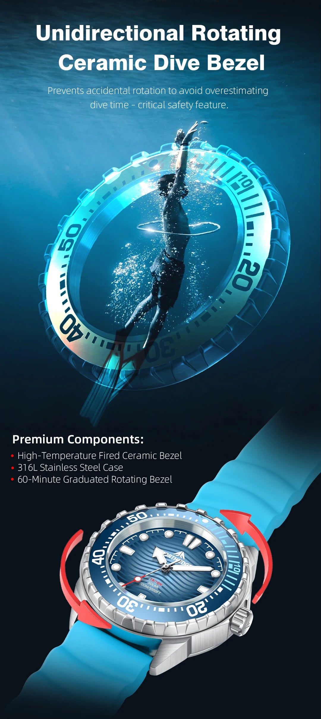 2025 New  NORTH EDGE TRITON Solar Powered Dive Watch Men Luxury Quartz Watches For Men 316L Stainless Steel Case Waterproof 300M