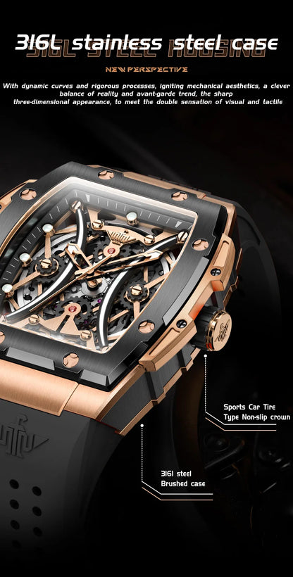 Reloj OUPINKE para hombre, clásico de lujo, esfera tonneau, marca premium original, movimiento mecánico automático, correa de silicona, cristal de zafiro, nuevo