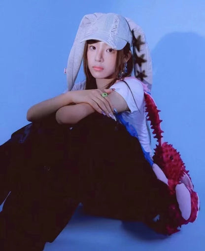 New MinJi Haerin OMG Stage Long Rabbit Ear Hat Y2K Style Denim Blue Baseball Cap Fashion Hip-Pop Cap Couple Birthday Gifts