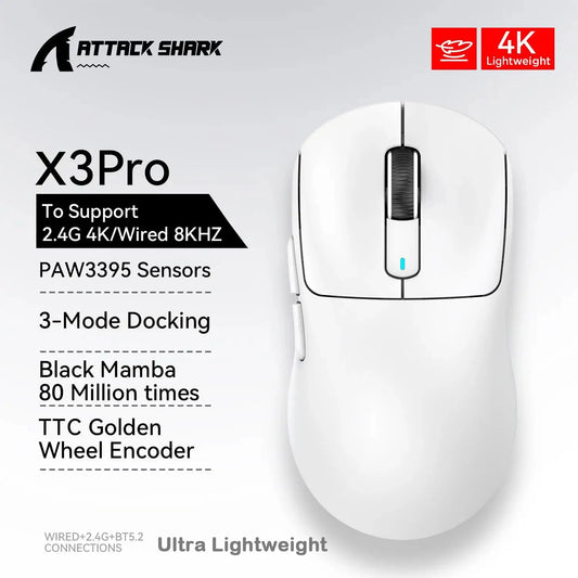 ATTACK SHARK X3/X3 Pro Wireless Gaming Mouse 26K DPI, PAW3395 Sensor, Tri-Mode Bluetooth, 4K/8K Ultra-Lightweight Gaming Mouse