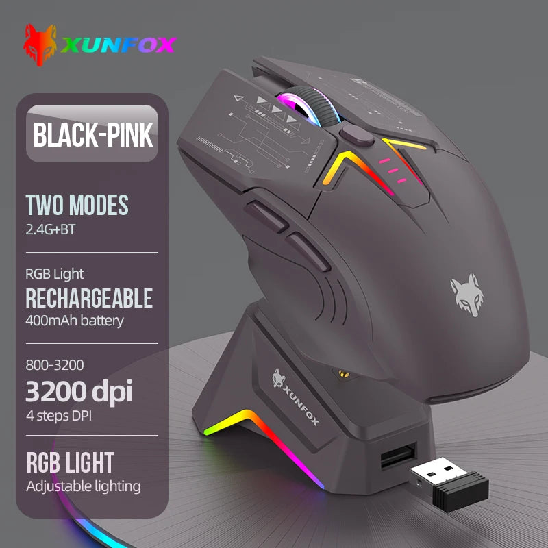 Mouse wireless Bluetooth dual-mode XUNSVFOX H2 con effetti di illuminazione RGB, per laptop, gaming e ufficio, ricarica magnetica