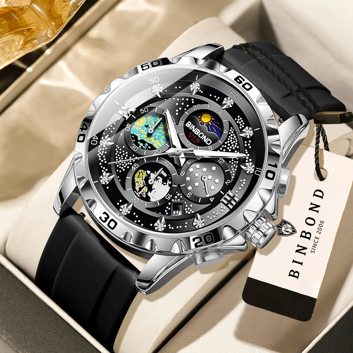 Luxe BINBOND-kwartshorloges voor heren, verlicht, waterdicht, chronograaf met automatische datum, zakelijke, sportieve en casual stijl