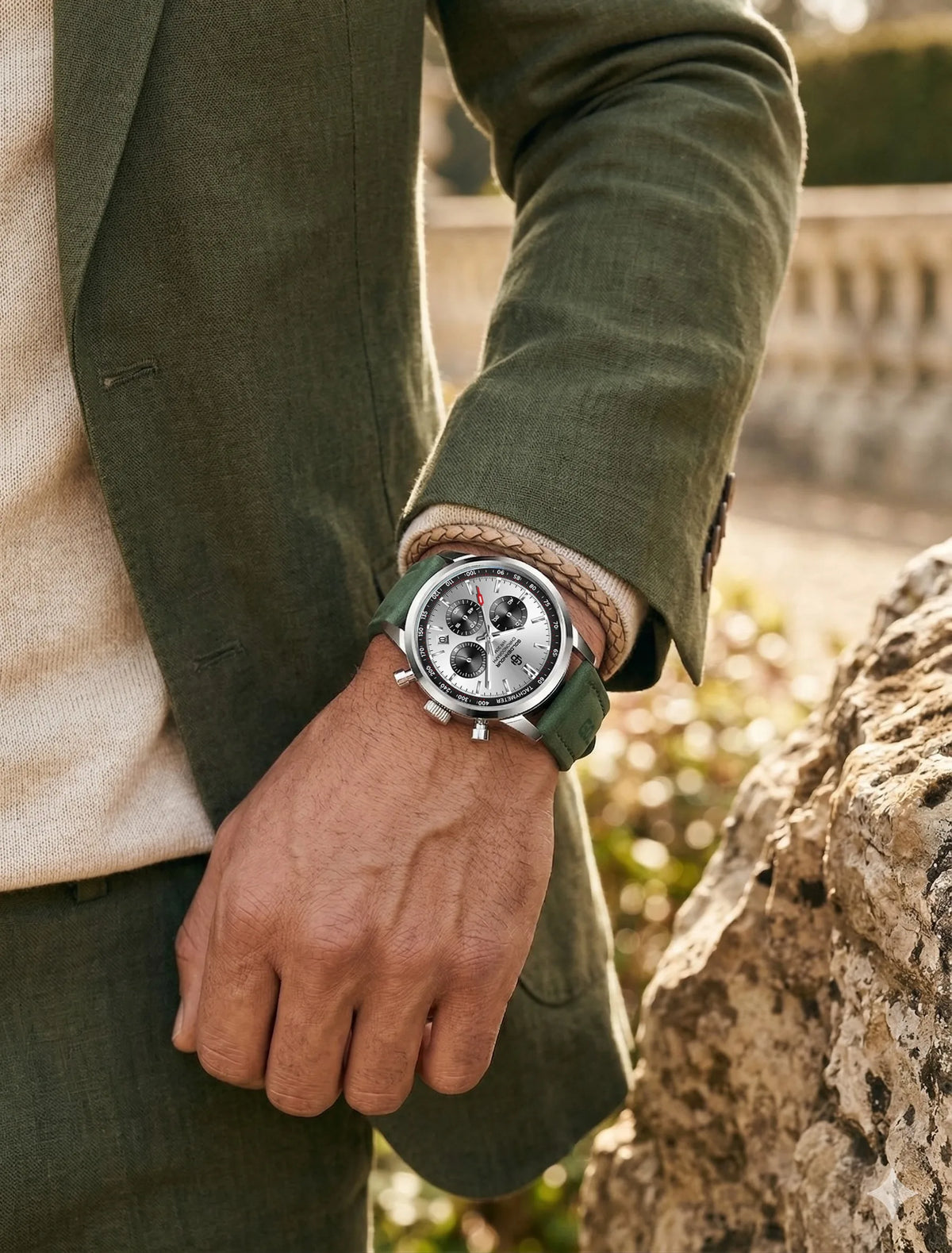 GOLDENHOUR luxury men’s watch – Quartz chronograph, green dial, leather strap, water-resistant, luminescent, military and sporty style
