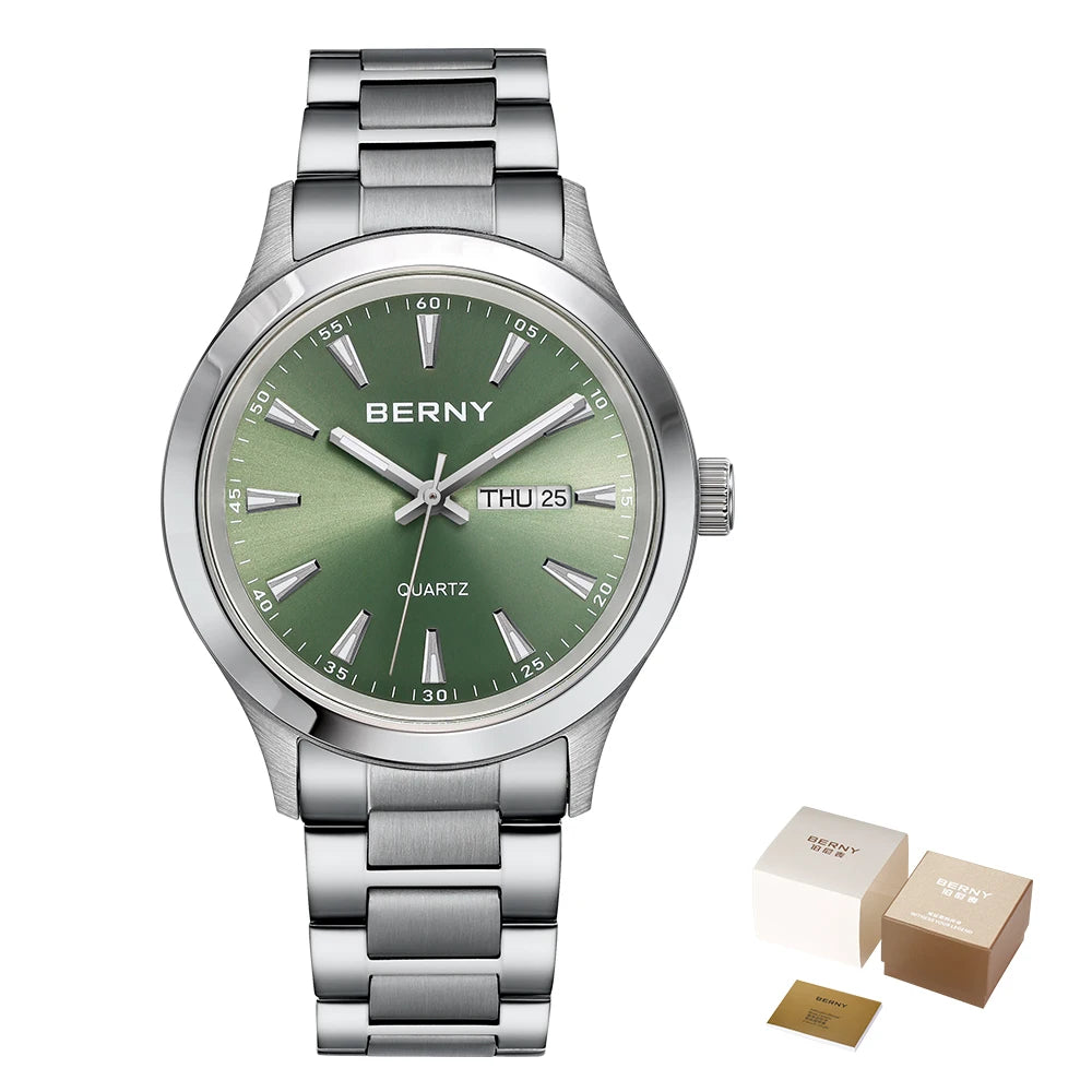 BERNY Men Quartz Watch  Fashion Texture Wristwatch for Men Ultra Thin Men Watch Calendar Luminous Stainless Steel Dress Watches