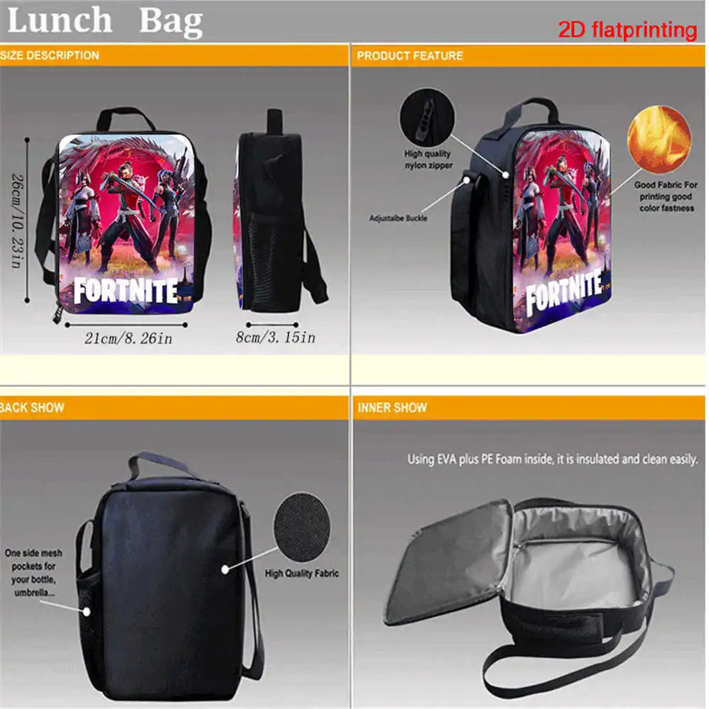 Set Fortnite Cartoon de 3 piezas, gran capacidad, adecuado para niños y niñas de 5 a 8 años, incluye mochila, bolsa para comida y estuche para lápices