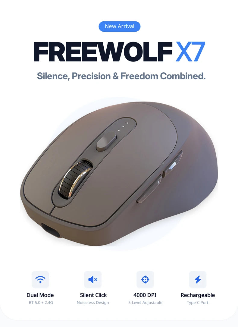 FREEWOLF X7 Wireless Mouse Bluetooth 2.4G Dual Mode Silent Rechargeable 4000DPI Battery Indicator Ergonomic for PC Mac Laptop