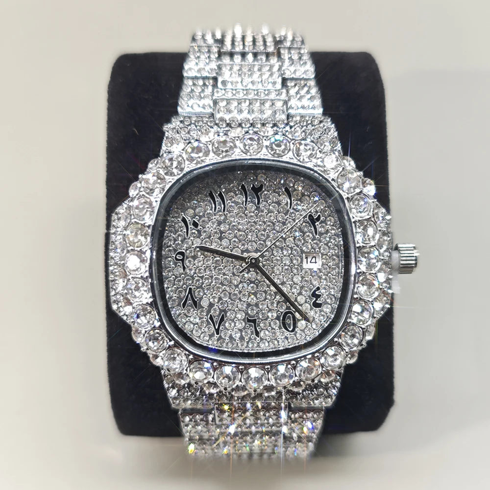 Luxury Brand Men Quartz Watch Fashion Square Hip Hop Diamond Out Sparkling Jewelry Waterproof Stainless Steel Wristwatch Man New