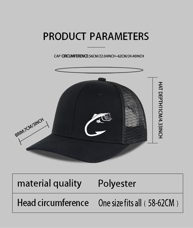 Bass Fish Hook Print Trucker Hat Podesiva uniseks kapa s mrežicom za pecanje, ventilator i sunce