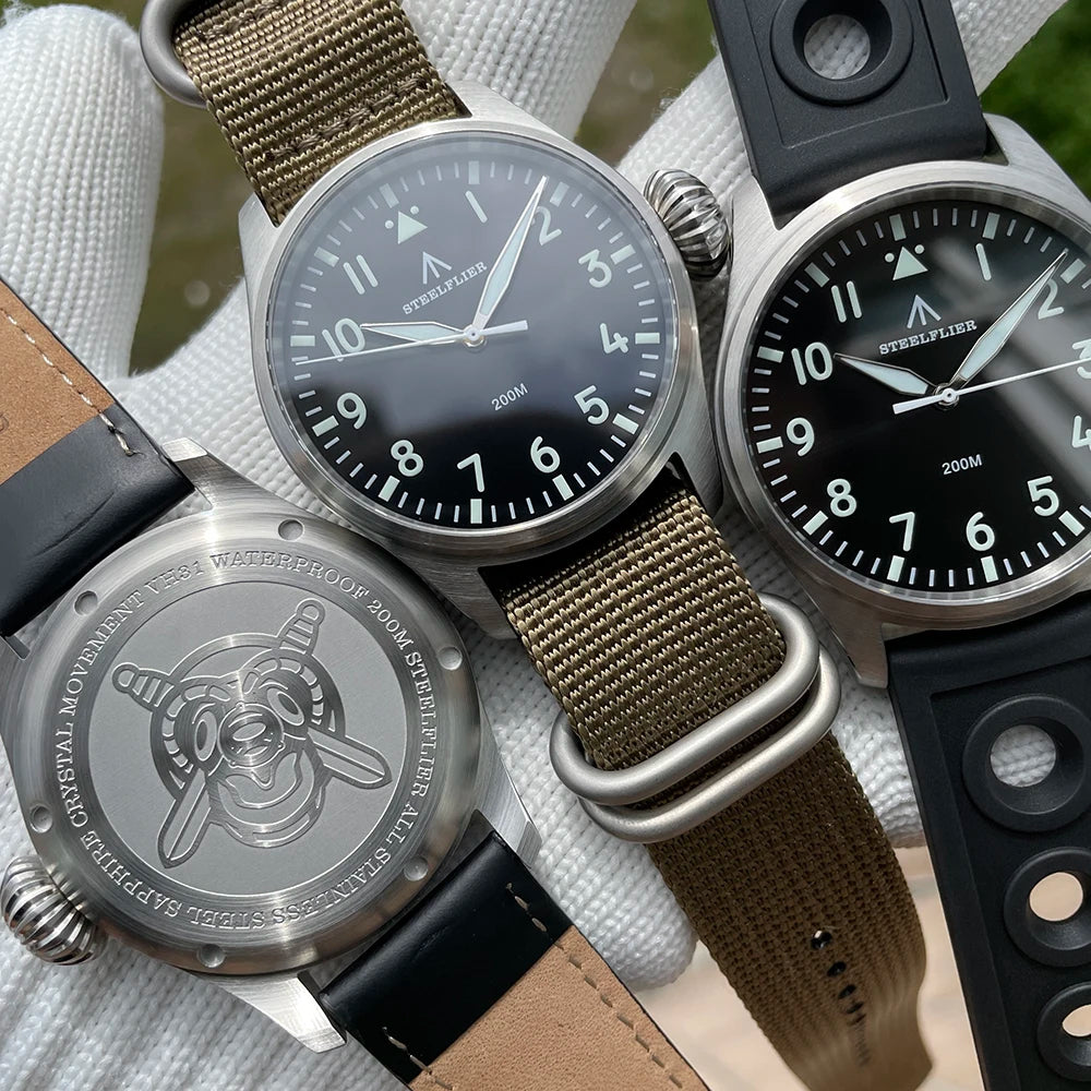 STEELFLIER Official SF743 Pilot VH31 Quartz Movement Big Onion Crown 200M Waterproof Sapphire Crystal Luxury Dive Luminous Watch