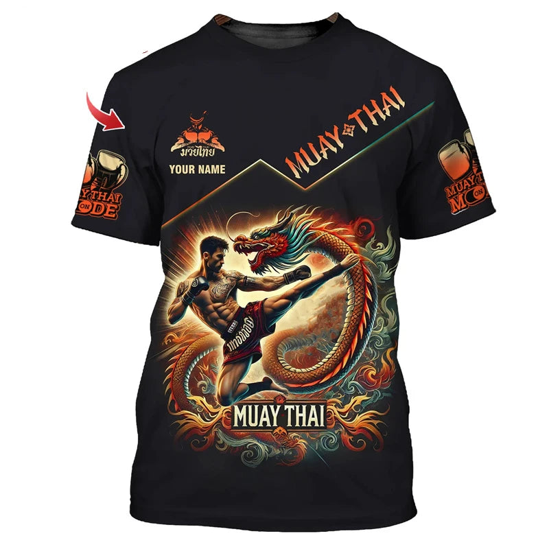 Μοντέρνο νέο γραφικό T-shirt Muay Thai για άνδρες, 3D εκτύπωση με γραφικό τίγρης και δράκου, προσωποποιημένο με όνομα, καλοκαιρινό T-shirt για γυμναστήριο και fitness