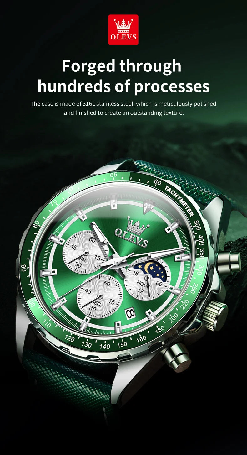 OLEVS Men's Watches Fashion Sports Green Watch For Men Multifunctional Quartz Wristwatches Men Waterproof Leather reloj hombre