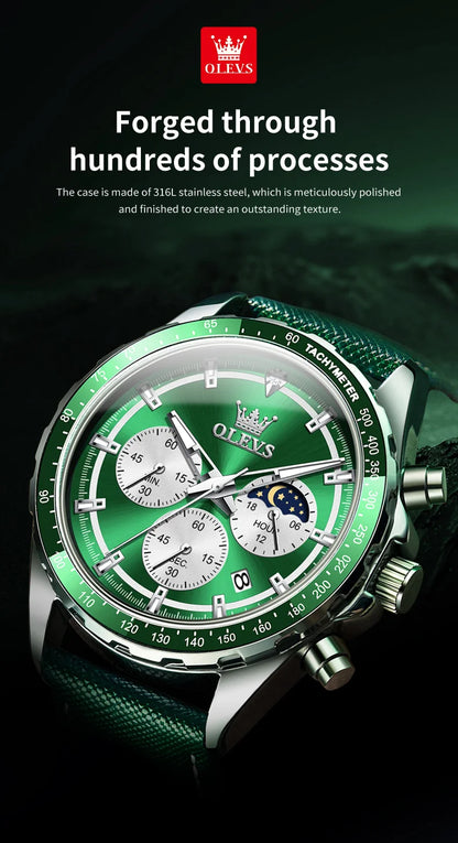 OLEVS Men's Watches Fashion Sports Green Watch For Men Multifunctional Quartz Wristwatches Men Waterproof Leather reloj hombre