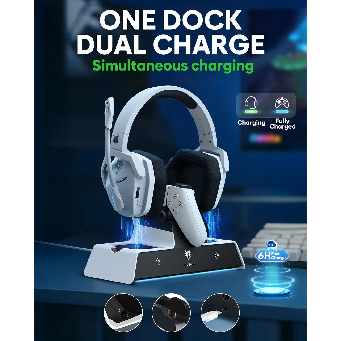 NUBWO G06 Pro Wireless Gaming Headset with Charging Station – Bluetooth 5.3 Gaming Headphones for PS5, PS4 & PC with ENC Microphone and 120-Hour Battery Life