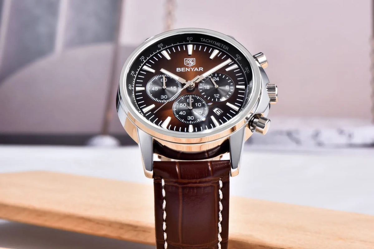 Benyar Luxus-Herrenuhr – Chronograph mit Datumsanzeige, Lederarmband, wasserdicht, leuchtend, sportlicher und militärischer Stil, Quarzuhr