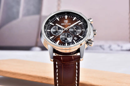 Benyar Luxus-Herrenuhr – Chronograph mit Datumsanzeige, Lederarmband, wasserdicht, leuchtend, sportlicher und militärischer Stil, Quarzuhr