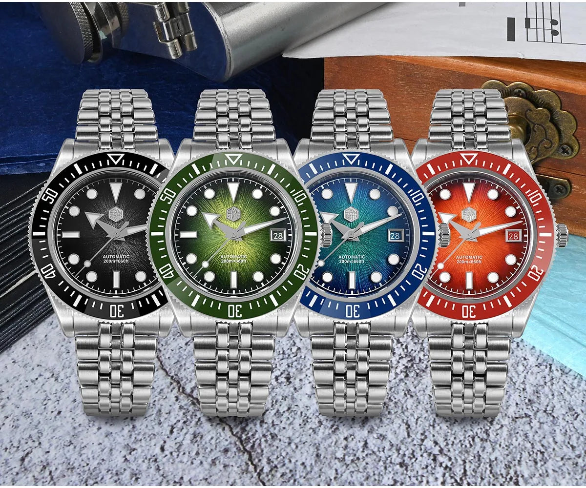 Relógio de mergulho de luxo para homem San Martin 40mm Miyota 9015, mostrador em esmalte sunburst, relógio de pulso mecânico automático, resistente à água 200m, SN0148