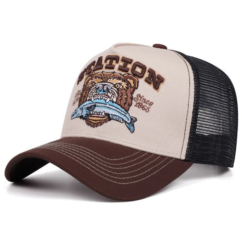 2025 New Bear Eating Fish Street Dance Hip Hop Hat Truck Hat Outdoor Skateboarding Hat Sunshade Baseball Hat Breathable Mesh Hat