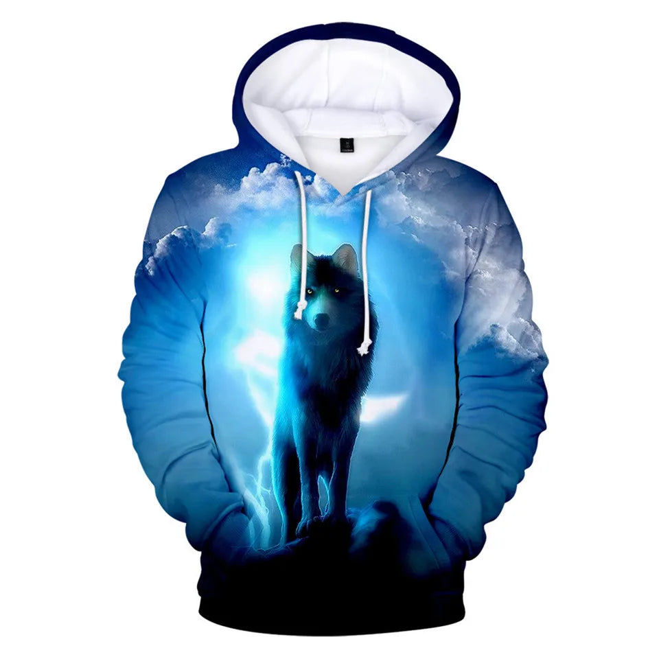 Sweatshirt com Capuz Cool Space Galaxy Wolf para Homem — Lobo Brilhante, Estilo Fashion, Pullover de Primavera e Outono