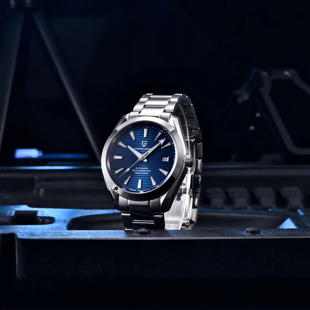 Luxusuhr für Herren von PAGANI DESIGN – Mechanisches Automatikmodell (Kaliber 8215), aus Edelstahl, wasserdicht, mit Datumsanzeige und leuchtenden Zeigern