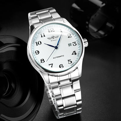 Klassische Herrenuhr – Retro-Design mit Kalender und blauen Zeigern, mechanisches Automatikwerk, renommierte Marke, Edelstahlgehäuse und Lederarmband