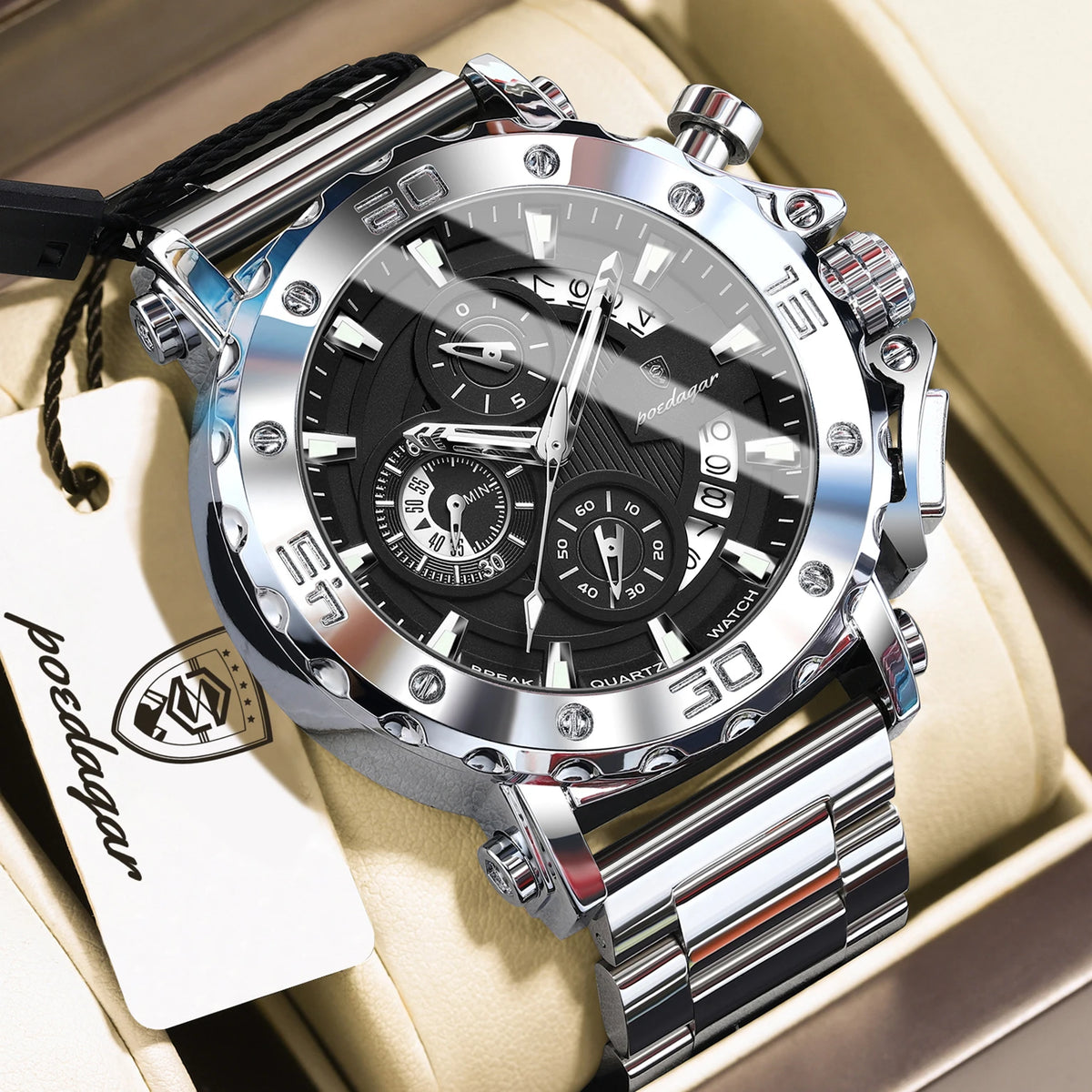 POEDAGAR Herren-Luxusuhr, leuchtend, wasserdicht, Chronograph, Datumsanzeige, Edelstahl, Quarz, Reloj